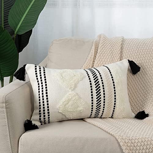 Boho Cushion Covers 30x50cm, Tufted with Tassels Pillow Covers Decorative Square Throw Pillow Case Woven Pillowcases for Couch Livingroom Sofa Bed with Invisible Zipper (Black off White)