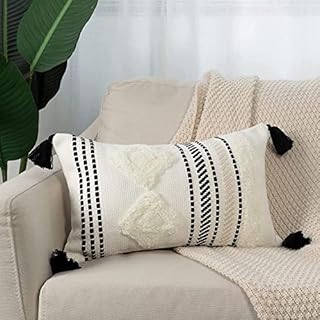 Boho Cushion Covers 30x50cm, Tufted with Tassels Pillow Covers Decorative Square Throw Pillow Case Woven Pillowcases for Couch Livingroom Sofa Bed with Invisible Zipper (Black off White)
