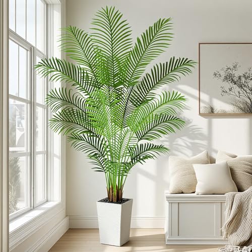 Image of 7ft Artificial Palm Tree with White Planter - Tall Fake Palm Tree Indoor Fake Tropical Plant for Home Office Living Room Bedroom Modern Decor
