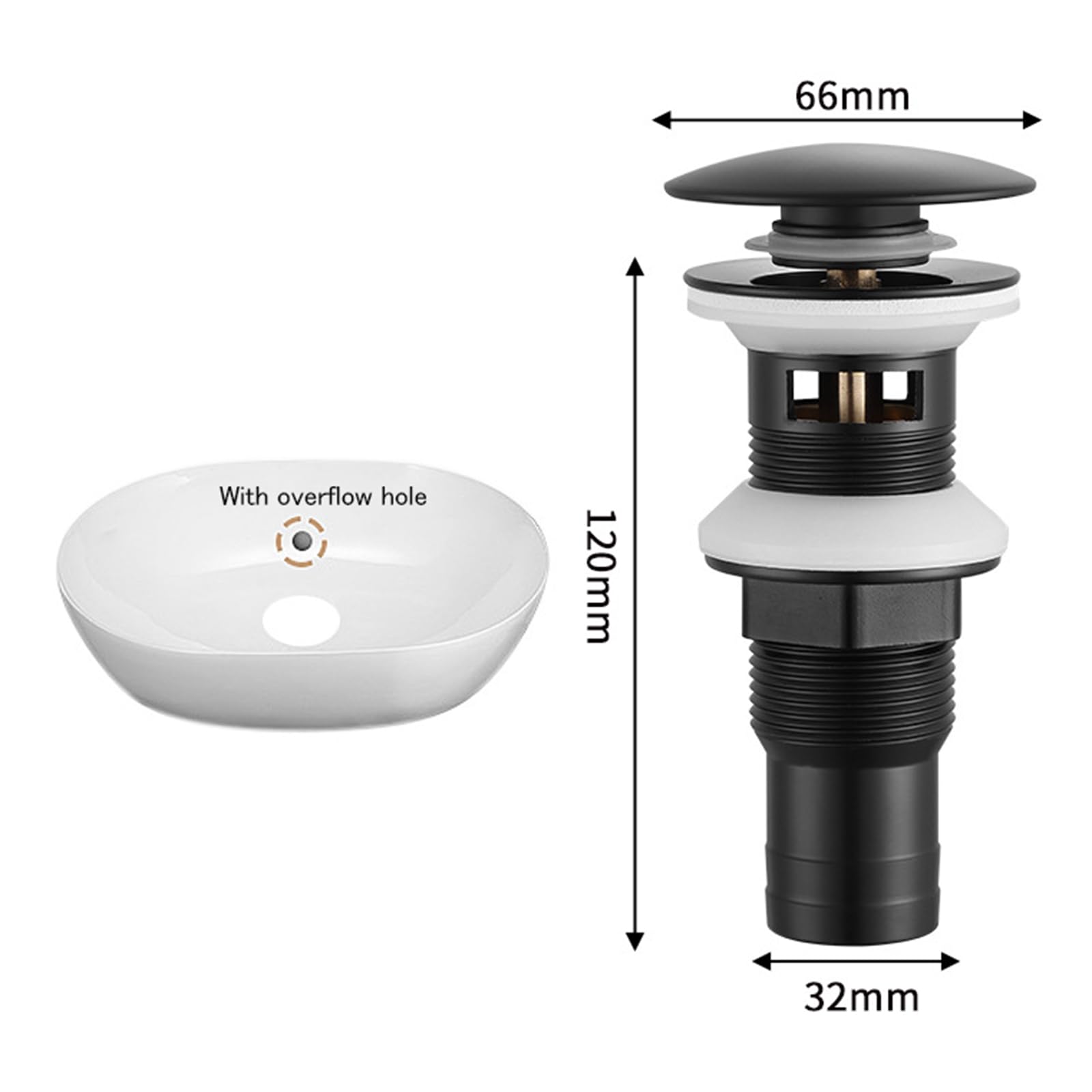 Desagüe Universal Con Rebosadero。Tapones de Desagüe Lavabo。VáLvula Para Lavabo Clic Clac。Desagüe A Presión Totalmente De Cobre,negro,Con Orificio De Rebosadero