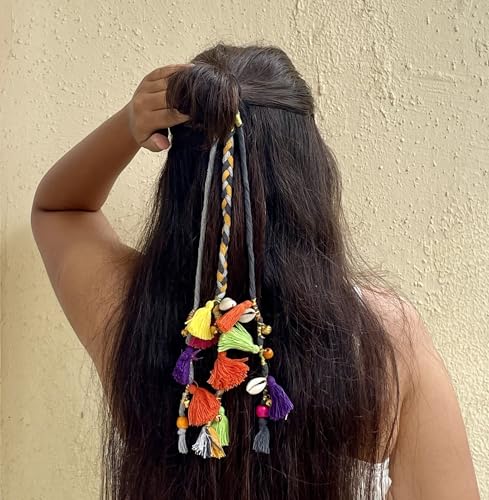 Image of Zippy Flora Boho Handmade Colorful Hair Strings for Navratri /Ethnic Look /Bohemian Styling, Colorful Braided Hairband, Thread Hair Accessories & Extensions (Shoulder Length (12-14 inch), Grey)