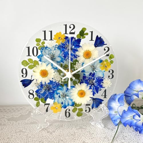押し花 花時計 【ラークスパー 掛け時計・置時計】 ハンドメイド お花が好きなあの方へ 花時計ギフト!可愛いボックス入り 母の日 誕生日 結婚御祝 結婚記念日 退職プレゼント 内祝 還暦 古希 喜寿 敬老の日 (ブルー, 直径15cm)