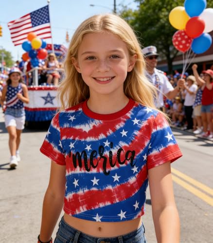 Image of Tkria Girl Crop Tops July 4th Crewneck Tshirt American Flag Patriotic USA Flag Girls Outfit Clothes Size 6-14