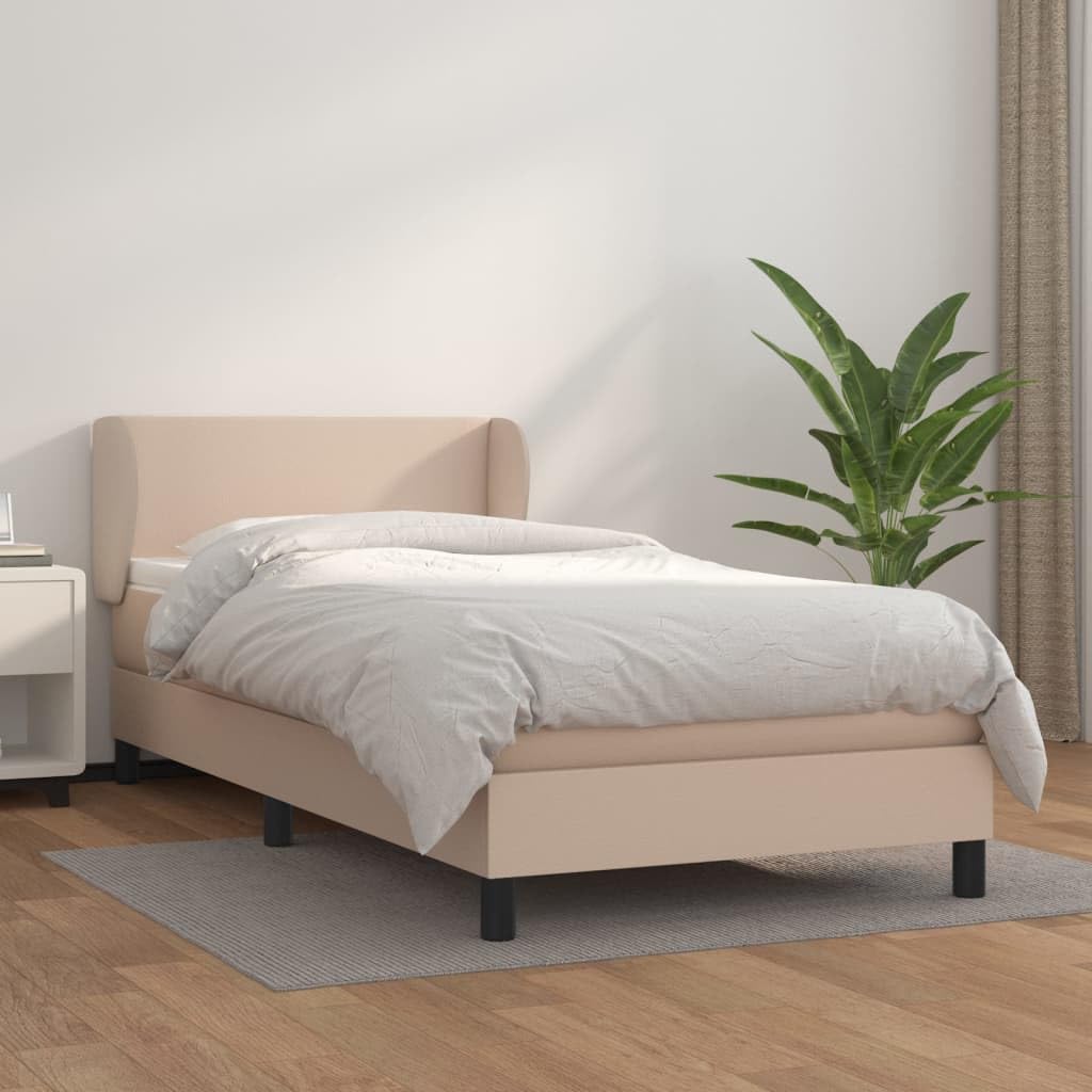 Materac kontynentalny Cappuccino-brązowy sztuczna skóra 100 x 200 cm ze sprężynami kieszeniowymi, zagłówek z regulacją wysokości, rama łóżka rodzinnego i młodzieżowego, komfortowy sen