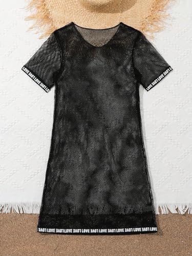Image of WDIRARA Girl's Letter Print Contrast Trim Mini Cover Up Dress Scoop Neck Short Sleeve Mesh Cover Up