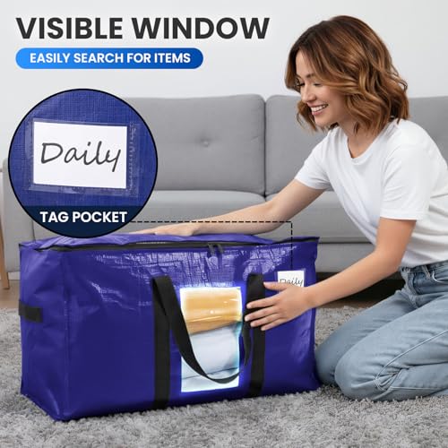Image of TAILI 10 Pack Dark Blue Extra Large Moving Bags, Heavy Duty Totes with Visible Window, Wrap Around Handles, Great for Space-Saving