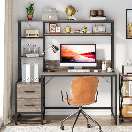 Image of Tribesigns 55 Inch Computer Desk with 2 Drawers and Storage Shelves, Rustic Office Desk with Hutch, Study Writing Gaming Table Laptop Workstation for Home Office (Grey)
