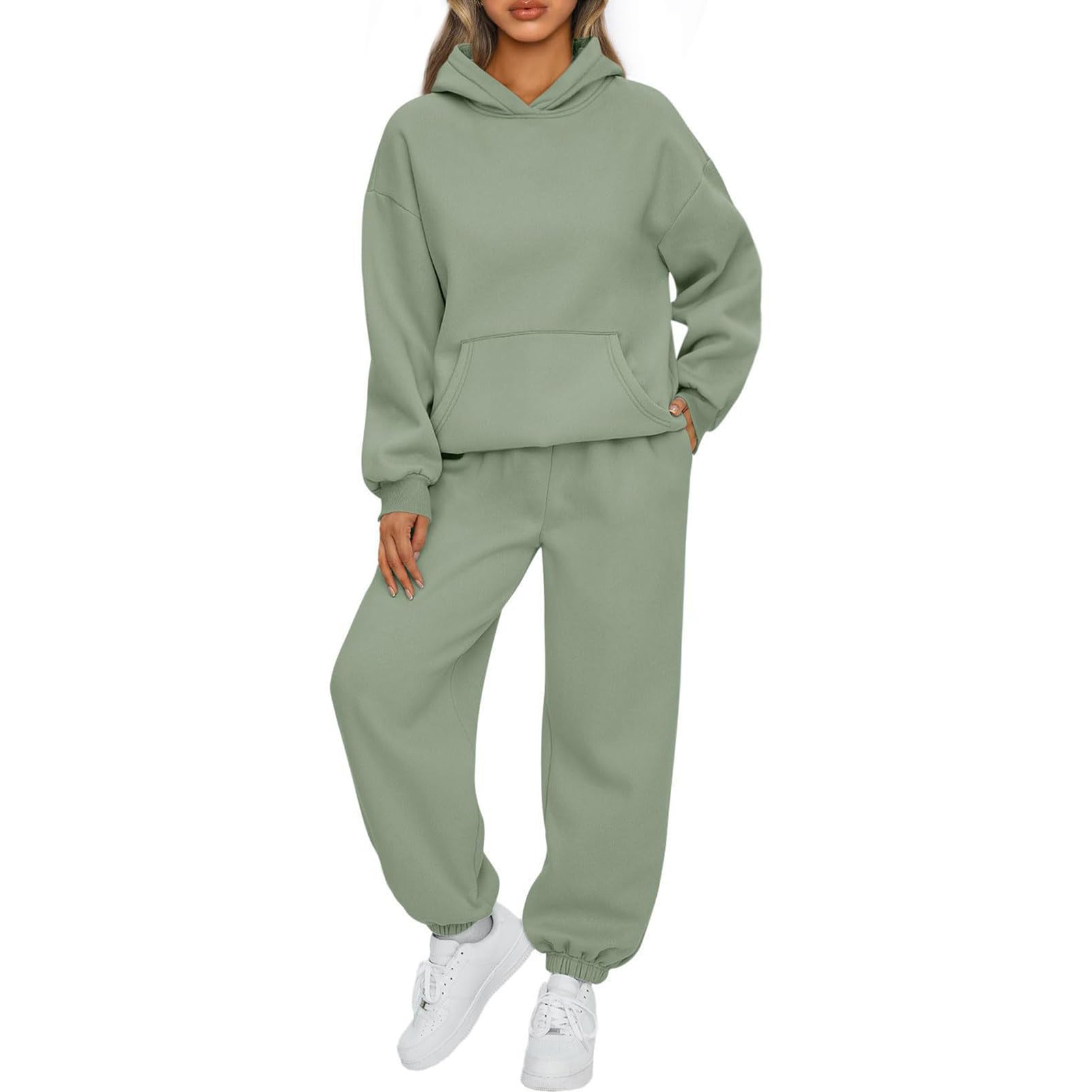 Womens Casual Two-Piece Sweatshirt Set - Long Sleeve Hooded Lounge Wear Soft Fabric Top and Pants Outfit Ideal