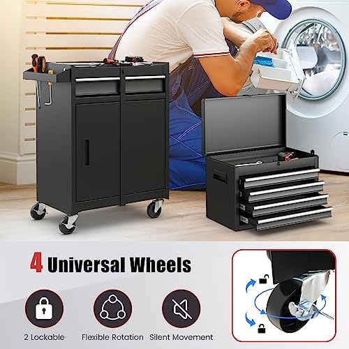 TANGZON Lockable Tool Cabinet, Rolling Tool Chest Combo with Wheels, Drawers, Hooks & Side Handle, Detachable Garage Workshop Tool Cart Trolley (without Middle Compartment, Black) 6 TANGZON Lockable Tool Cabinet, Rolling Tool Chest Combo with Wheels, Drawers, Hooks & Side Handle, Detachable Garage Workshop Tool Cart Trolley (without Middle Compartment, Black) - Image 6