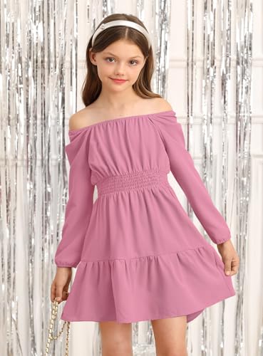 Girls Fall Square Neck Smocked Waist Puff Long Sleeve Side Pockets Trendy Midi Dress 6-14 Years4