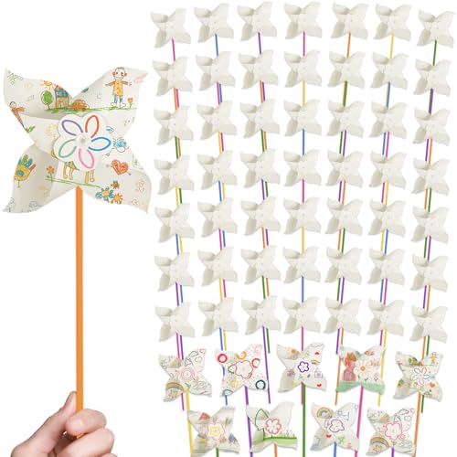 60 Pcs DIY Pinwheels Paper Crafts Bulk Summer Pinwheel Craft Kit Color Your Own White Pinwheel for July 4 Party Spring Art and Creativity
