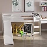 NAFORT Twin Loft Bed with Slide, Low Loft Bed with Stairs, Solid Wood Twin Loft Bed Frame for Girls Boys with Climbing Ladders Guard Rails and Slat Support - White