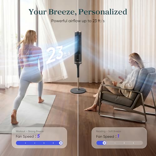 Image of LEVOIT Tower Fan for Bedroom, Smart Standing Fan with 36 inch-47 inch Adjustable Height, 28dB Quiet for Sleep, 90 Oscillating Room Fan, 23 ft /s Velocity, 5 Speeds 4 Modes, 12H Timer, Remoter, for Home, Grey