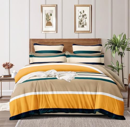 Image of Glace Cotton Double Bedsheet 90x90 Inches with 2 Pillow Covers 18x28 Inches - Striped Teal Blue Orange Bed Sheet Set - Soft Flat Bedcover for Double Mattress Bedroom Hostel Room - Multi Lines