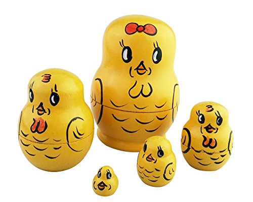 Winterworm Cute Lovely Animal Mini Yellow Chicken Handmade Wooden Russian Nesting Dolls Matryoshka Dolls Set 5 Pieces for Kids Toy Birthday Kids Room Decoration
