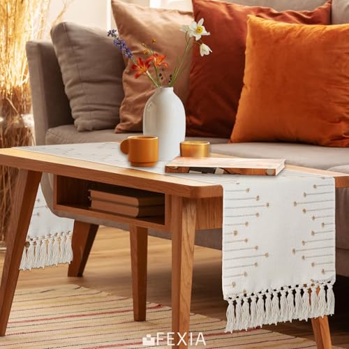 Image of FEXIA Boho Table Runner with Tassels 72 Inches Long for Home Decor Room Decor Farmhouse Rustic Macrame Table Runners for Dining Bedroom Bridal Shower(12x72 Inches)