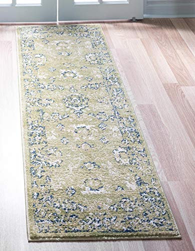 Rugs.com Charleston Collection Rug – 6 Ft Runner Green Low-Pile Rug Perfect for Hallways, Entryways