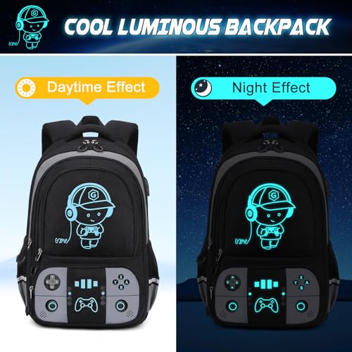 Bevalsa Backpack for School Boys, Cool Luminous Gamer Boys Backpack with Lunch Box & Pencil Pouch Set for Kids Children Teens Elementary Middle Schools, Schoolbag Bookbag Glow In The Dark (Grey)2