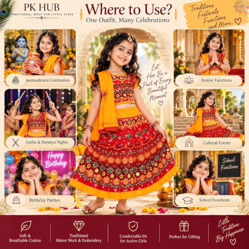Image of PK HUB Girl's Cotton Radha Dress - Traditional Lehenga Choli with Dupatta | Readymade Chaniya Choli for Garba, Dandiya & Janmashtami | Ethnic Costume for Girls (Set of 3)