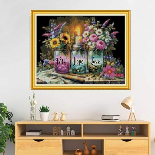 Image of MYBISYMQQ Faith,Hope,Love Cross Stitch Kits, Stamped Cross Stitch Kit for Adult Beginners, Full Line DIY Cross Stitch Stitching Kit for Home Decor Cross Stitch Patterns 15.7x11.8 inches