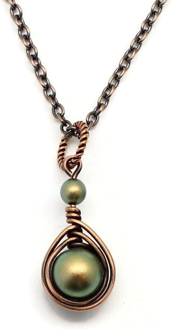 Pillar of Salt Studio Handcrafted Simulated Pearl Small 1" Pendant Copper Wire Wrapped Necklace (Iridescent Green-Gold, 18" Chain)