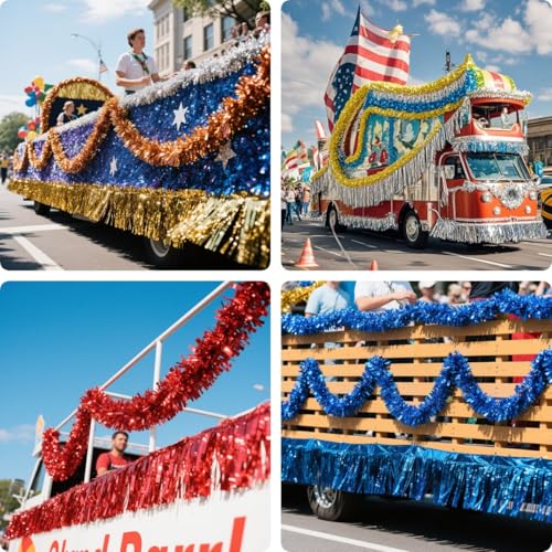 Image of 4 Pack Gold Total 40 Feet Foil Fringe Garland Metallic Tinsel Banner Wall Hanging Drapes Parade Float Skirting Decorations for Trailer Mardi Gras Party Birthday Wedding Baby Shower