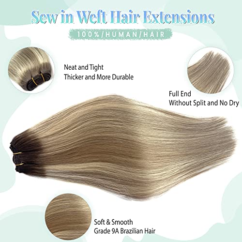 Image of Sew in Hair Extensions Real Human Hair, 14 Inch 80G Weft Hair Extensions Human Hair Hand Tied Ombre Brown Weave Bundles to Ash Blonde Balayage Blonde Human Hair Weft Sew in Extensions