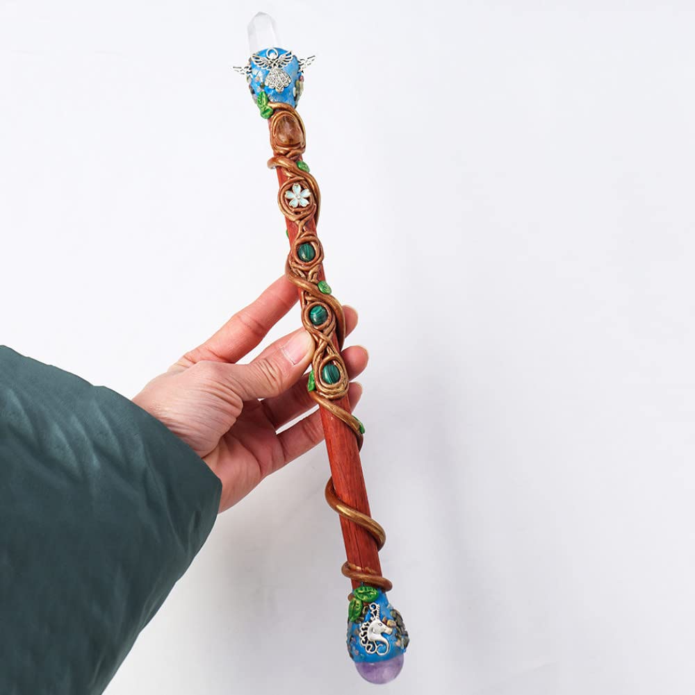 Youther Bacchetta Magica Di Cristallo Naturale Fatta A Mano Ametista Quarzo Trasparente Lucido Intaglio Gemma Ramo Twining Bacchetta Cosplay Prop,b