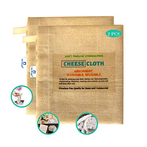 HB Organic Cheesecloth 100% Pure Cotton Grade 90 Unbleached Muslin Hemmed Edge Brew Coffee,Nut milk Strainer,Baking, Filtration 21" X 24" Large Cheese Cloth - Made in India (2- Pack )