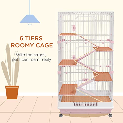 Pawhut 32" L 6-Level Small Animal Cage Bunny Hutch With Universal Lockable Wheels, Slide-Out Tray For Chinchillas, Ferret, Pink #TOP3