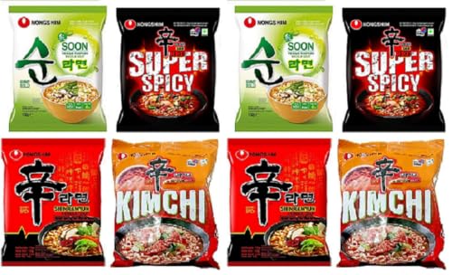 Image of NongShim Shin Ramyun, Red Super Spicy, Kimchi & Veggie Instant Noodles 120 gm *6 Pack and 112 gm X 1 Pack (Pack of 4)