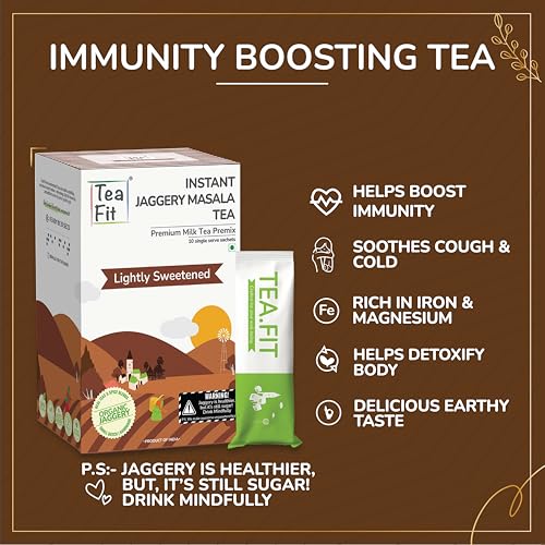 Image of TeaFit Instant Jaggery Masala Chai Premix | Desi Gud Chai | 30 Sachets (420gm) + Spoon | Just Add Water | Made with Organic Cane Jaggery, Premium Assam Tea & Aromatic Spices | Ayurvedic Spiced Chai