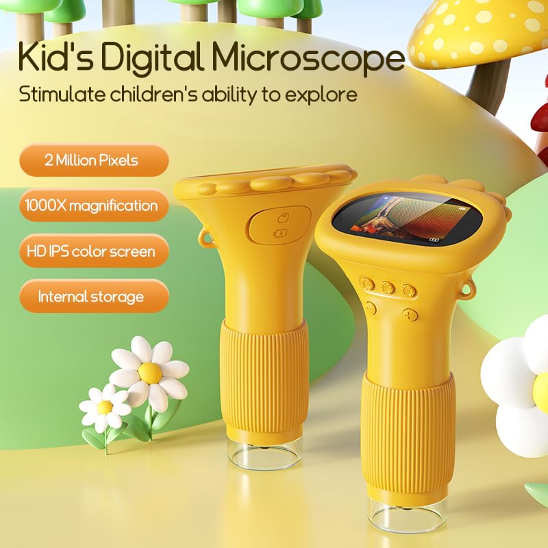 Digitales Mikroskop für Kinder, 1000X Tragbares Mikroskop für Kinder 2'' Display mit Foto und Videofunktion, Handmikroskop Spielzeug Geschenke für Mädchen und Jungen ab 3 Jahren (Orange)