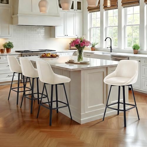 Image of Zesthouse Swivel Counter Height Stools Set of 2, Modern Upholstered Barstools with Backs, 26'' Faux Leather High Chairs for Island Kitchen, Counter Height Chairs with Metal Legs, White