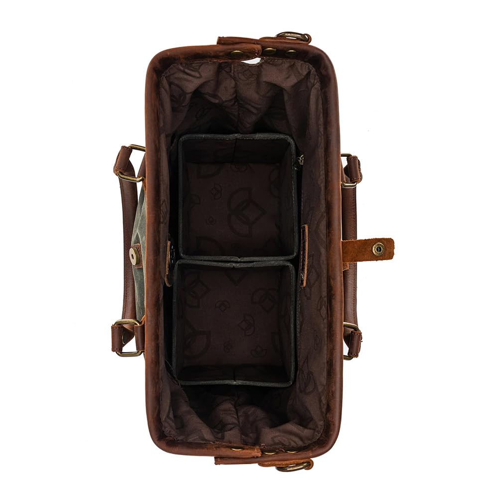 Della Q 107029 Makers Satchel-Bolsa de Lona Hecha a Mano para proyectos de Punto o Ganchillo, Cuero Lienzo, Verde Oliva, 34cm x 30cm x 18cm