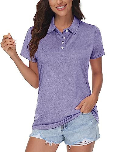 MAGCOMSEN Camisas polo para mujer, de secado rápido, de manga corta, de golf, de tenis, absorbe la humedad, para deportes, para trabajo, camisetas, morado claro, XL