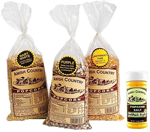 Amish Country Popcorn Baby White hulless, Purple, & Ladyfinger Hulless (3 Pounds with Ballpark Seasoning Salt)