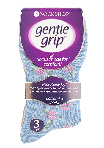 Women's Non Elastic, Gentle Grip, Diabetic Socks 6 Pair Pack Beige-Blue Floral2
