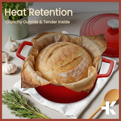 Image of Bakken Enameled Cast Iron Dutch Oven Pot, 6QT Dutch Oven for Bread Baking, Braising & Roasting, Kitchen & Campfire Cooking, Moisture-Locking Lid, Oven Safe Up To 500F, Works on All Cooktops, Red