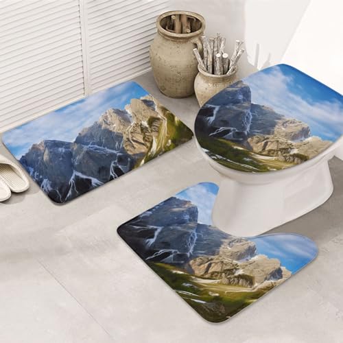 YoupO Slowenische Berge drucken Badezimmer Teppiche Sets 3 Stück saugfähige WC-Deckelbezug rutschfeste U-förmige Konturmatte für Toilette Badezimmer