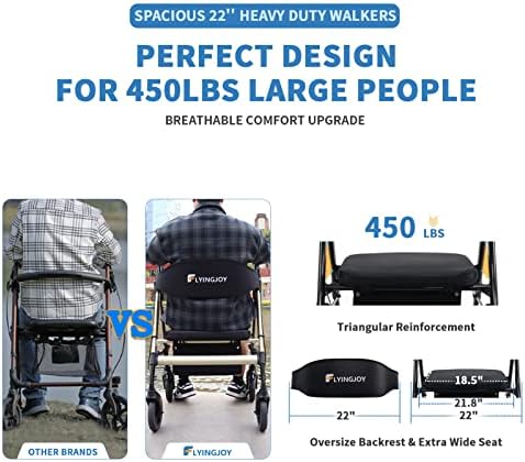 FlyingJoy Heavy Duty Rollator Walker for 450 lbs Large People, 4-Wheels Folding Rolling Walker with Extra Spacious Seat, NOT for Standard Door 26" Wide, a bit Bulky for Lightweight Elderly (Champagne)
