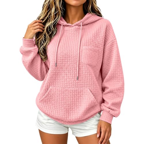 Aniywn Pink Hoodie Women Pullover Oversized Drawstring Waffle Sweatshirt - image 4