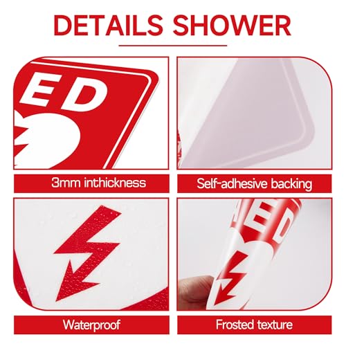 4PCS AED Sign Stickers, Waterproof Durable Automated External Defibrillator Inside Label with Arrows, Emergency AED Accessories for Wall Cabinet, Home & Box(Red)