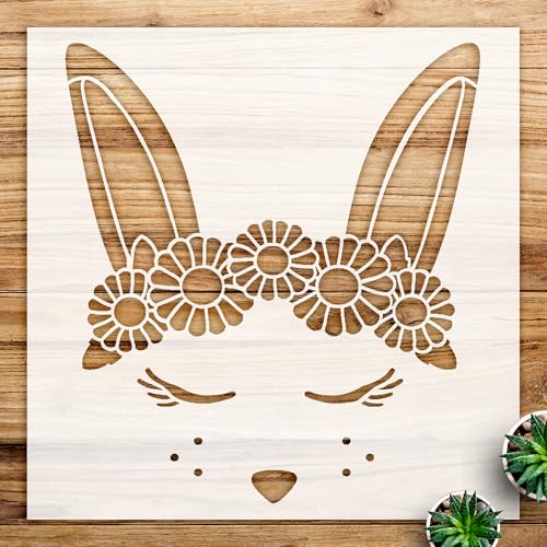Bunny Stencil Pattern with Flower Crown for Spring and Easter Crafts, Reusable Mylar Template for Home Decor and Farmhouse Projects - Size A2 (16.5