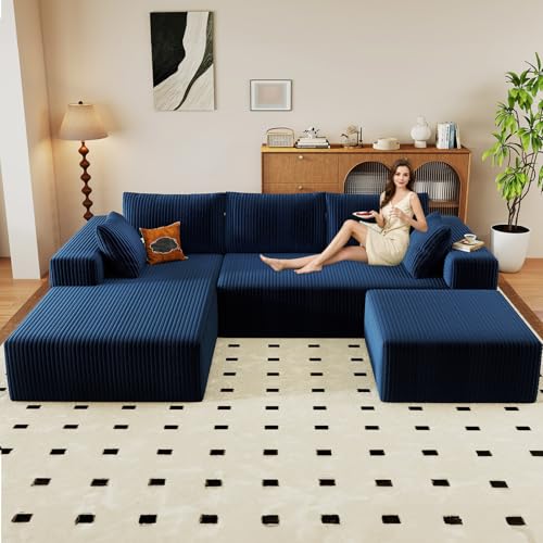 Image of 96 inch U-Shape Cloud Couch, Modern Modular Sectional L-Shape Sofa with Ottoman, Corduroy Upholstered Couches Deep Seat Sleeper Chaise Longue for Living Room, No Assembly Required(Blue, Left Facing)