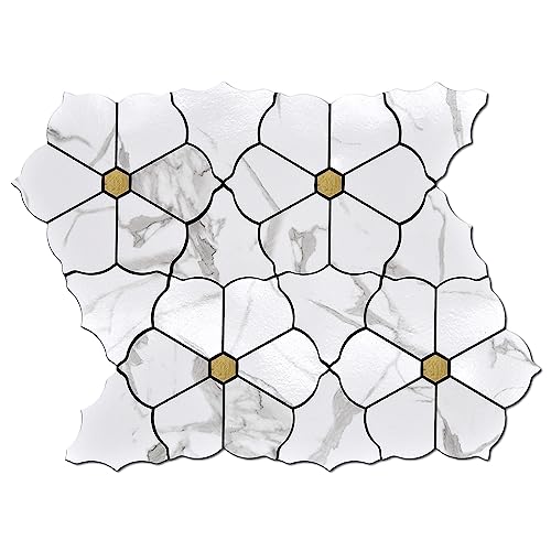 Kieacia 10-Sheet Peel and Stick Backsplash Tiles for Kitchen PVC Marble Self-Adhesive Tile Gold and White Mosaic Tiles for Bathroom Vanities Table Desktop Fireplace