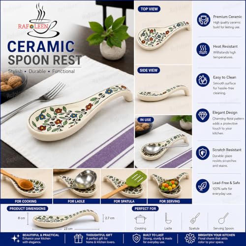 Image of Ceramic Spoon Rest - Multicolour Hand-Painted Cutlery Rest for Kitchen & Tableware - Ideal for Utensils, Easy to Clean - Pack of 1