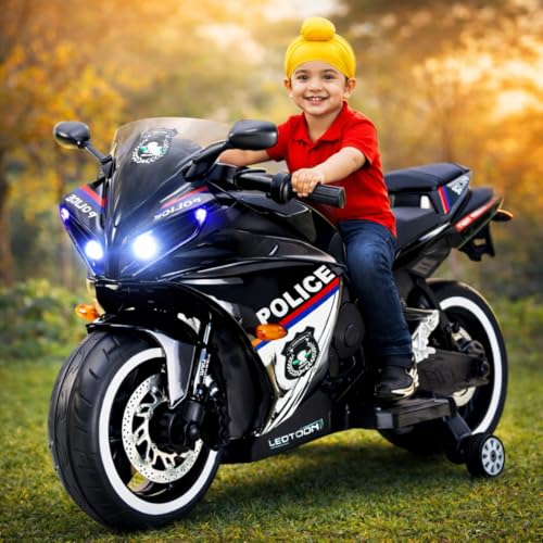 Image of LITTLE PUP 12V Battery Operated Ride on Bike for Kids of Age 2 to 8 Years- Electric Rechargeable Kids Bike with Hand Race, Music,Led Lights - (Black)