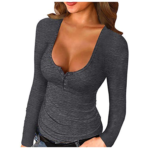 Womens Scoop Neck Henley Sweatshirts Low Cut Solid Sexy Fall Long Sleeve Button Down Shirts