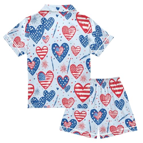 ALAZA Love American Flag Firework Pajamas Satin Pajama Set Short Sleeve Button Down Sleepwear2